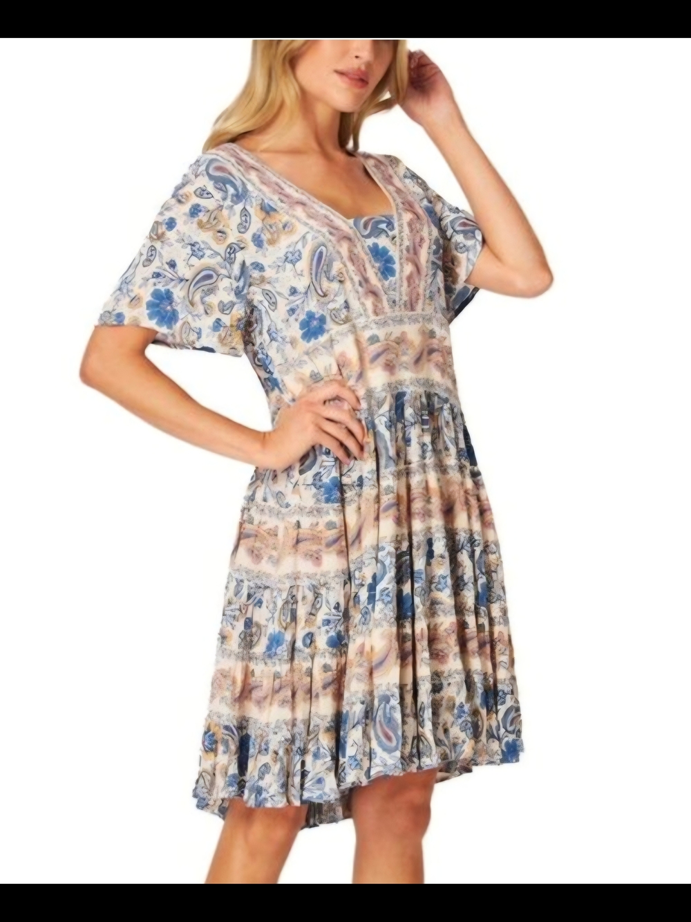 Bila Blue & Cream Paisley Tiered V-Neck Dress